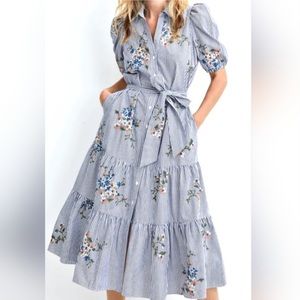 Veronica Beard Blue Seersucker Eunice Puff Sleeve Floral MIDI Dress Size 0 XS